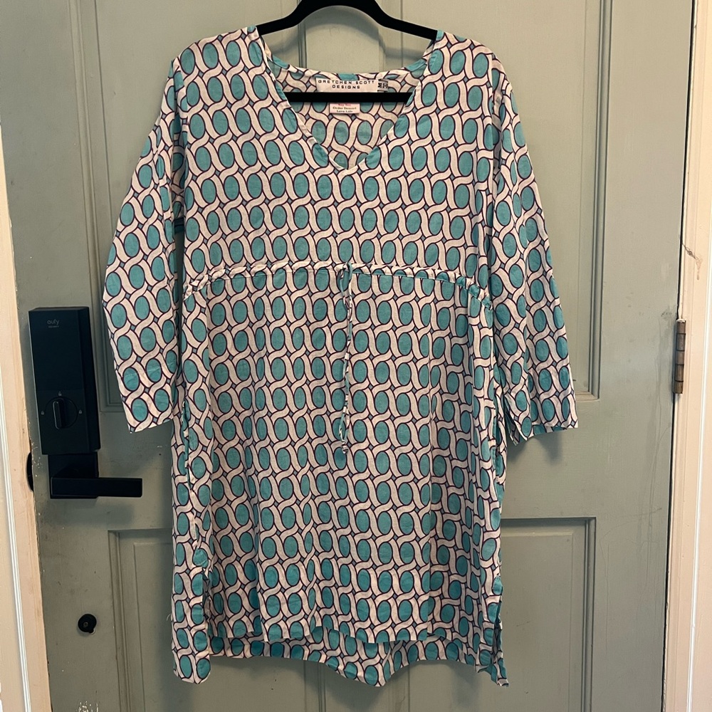 Gretchen Scott Designs Teal and White Geometric Tunic cover up